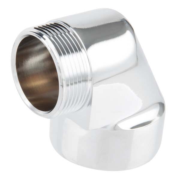 A silver metal T&S faucet elbow.