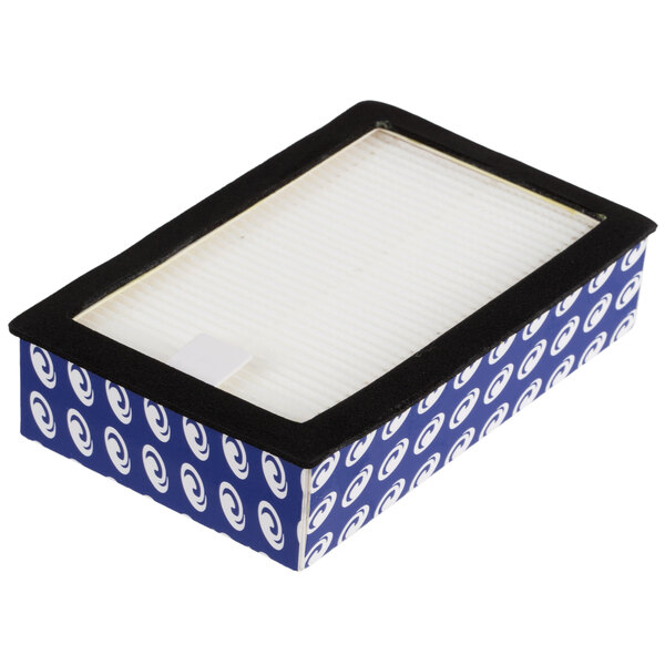 A rectangular box with a blue and white design for ProTeam HEPA filter cartridge.