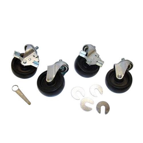 A set of four True stem casters with metal swivel wheels and black rubber wheels.