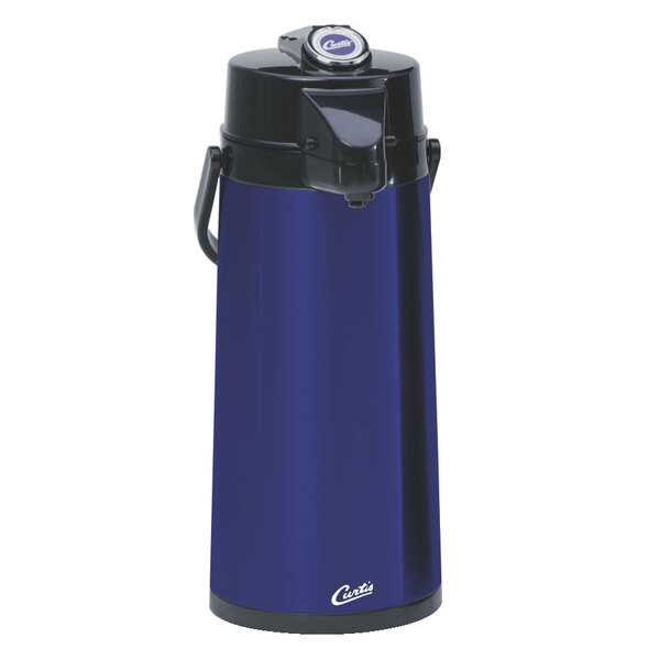 A blue and black Curtis airpot with a lever.
