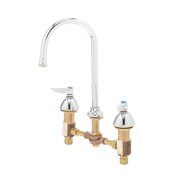 A T&S chrome faucet yoke with two brass handles.