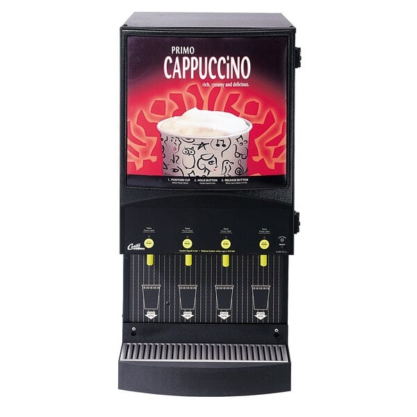 A close-up of a Curtis Cafe Series cappuccino machine with a lit sign on it.