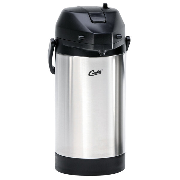 A silver stainless steel Curtis airpot with a black lid.
