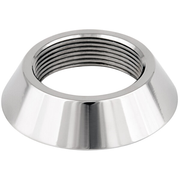 A silver metal T&S faucet flange with a threaded hole.