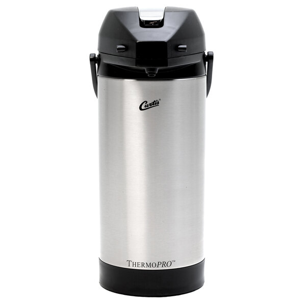 A silver stainless steel Curtis ThermoPro airpot with black accents.