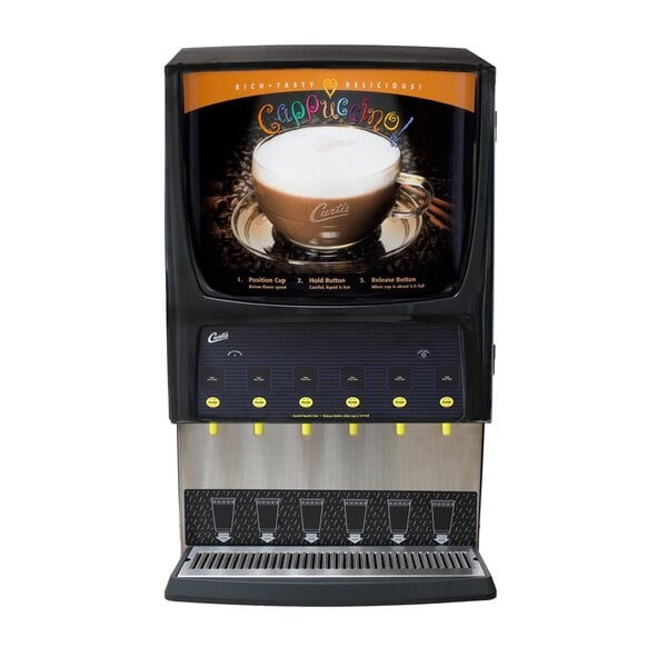 A Curtis Primo Cappuccino Dispenser with a cup of coffee on it.