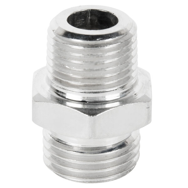 A silver metal T&S male adapter with threaded ends.