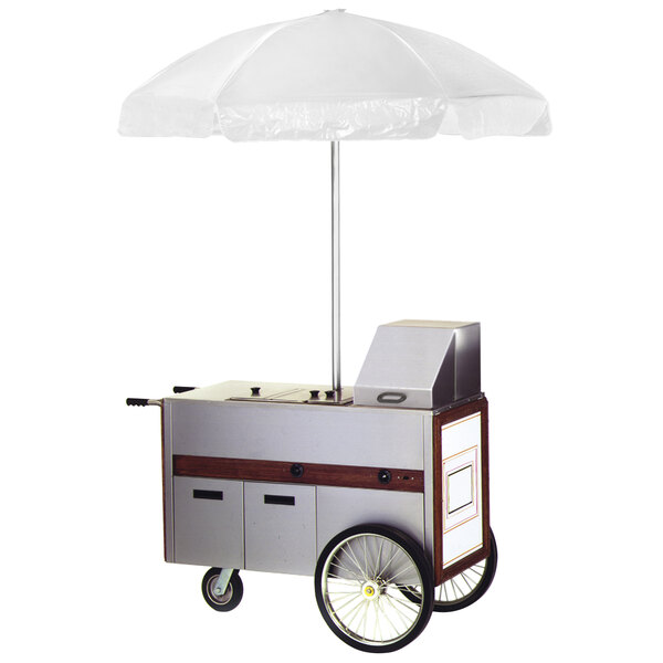 An Eagle Group hot dog cart with a white umbrella.
