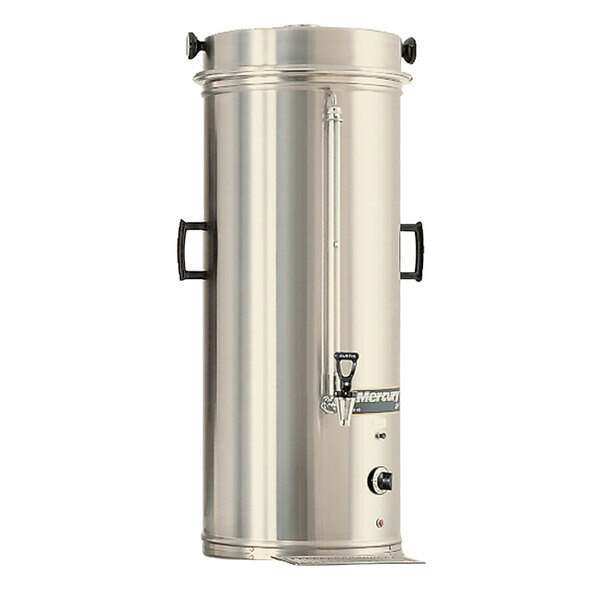 A large silver Curtis Mercury SuperSatellite coffee dispenser with black handles.