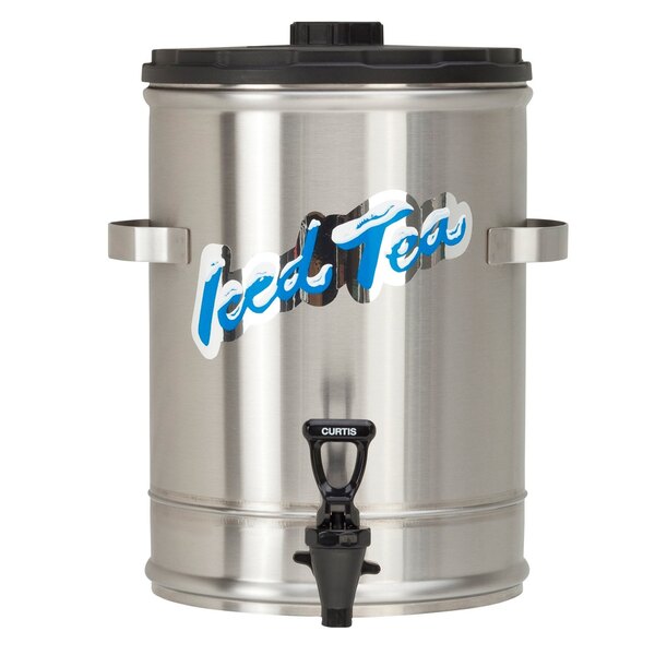 A silver stainless steel Curtis iced tea dispenser with a black plastic lid.