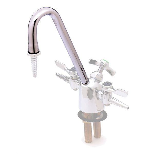 A T&S chrome gooseneck faucet for a lab faucet with a handle.
