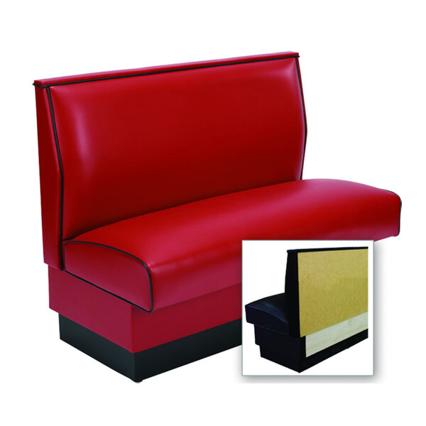 An American Tables & Seating plain fully upholstered wall bench with red and black upholstery.