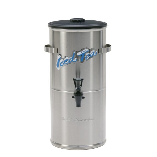A Curtis stainless steel iced tea dispenser with a black plastic lid.