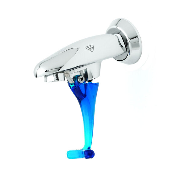 A T&S faucet with blue liquid coming out of it.