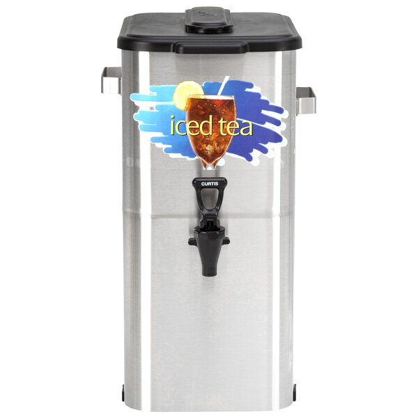 A silver metal Curtis stainless steel oval iced tea dispenser with a black plastic lid.