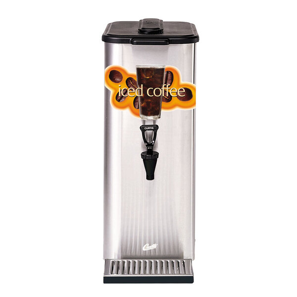 A close-up of a Curtis liquid iced coffee dispenser with a glass of iced coffee.