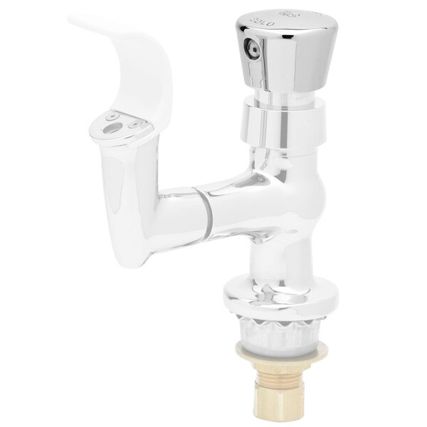 A chrome T&S glass filler faucet push button with a white handle.