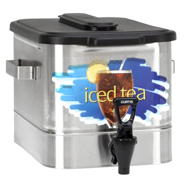 A stainless steel Curtis iced tea dispenser with a plastic lid.