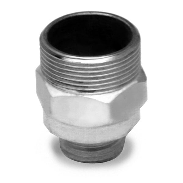 A close-up of a silver metal T&S swivel adapter nut.