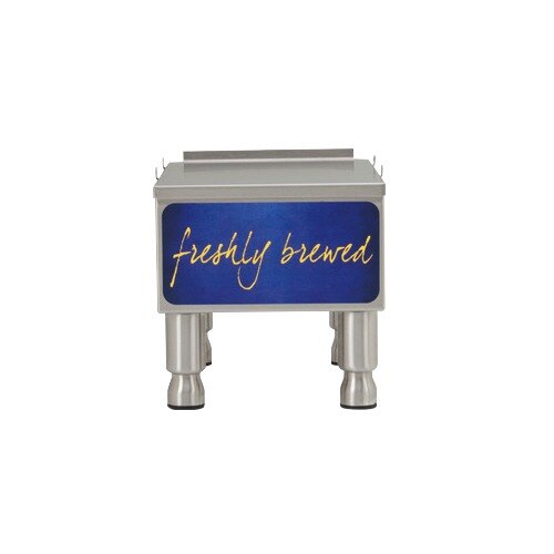 A blue and silver Curtis remote stand for a 3 gallon iced tea dispenser with a white rectangular sign that says "friendly" in yellow text.
