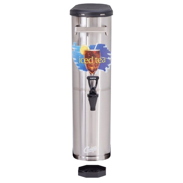 A stainless steel Curtis iced tea dispenser with a black lid.
