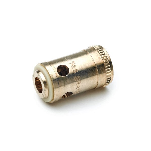 A brass threaded connector on a metal cylinder.