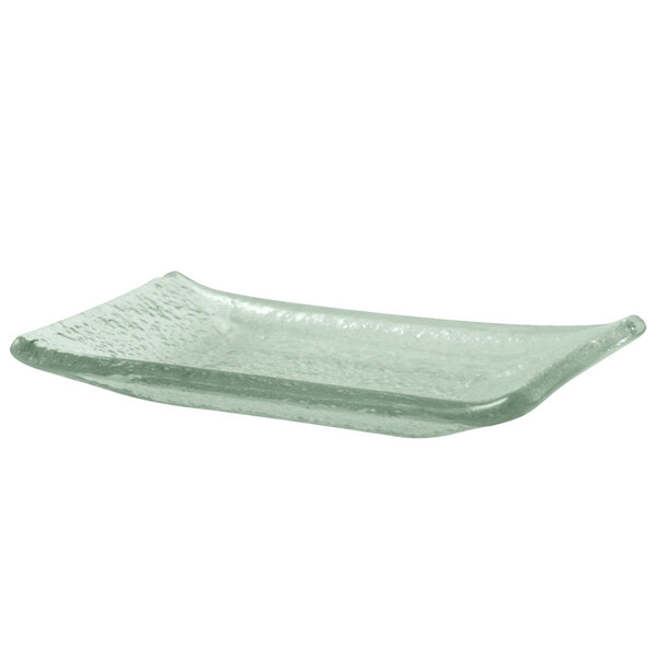 A clear rectangular glass platter with a curved edge.