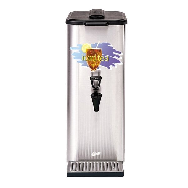 A silver stainless steel Curtis tea concentrate dispenser with a black plastic lid.