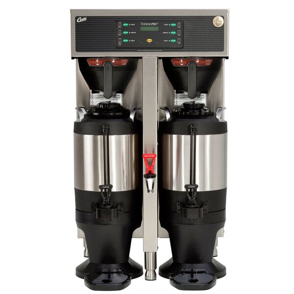 A white Curtis ThermoPro twin coffee brewer with two coffee containers on top.