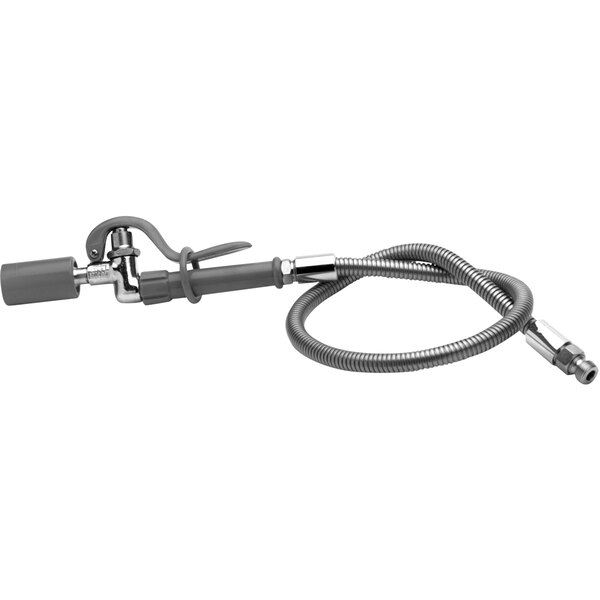 A grey hose with a metal nozzle and a metal handle.