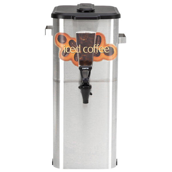 A silver Curtis 4 gallon iced coffee dispenser with a black plastic lid.
