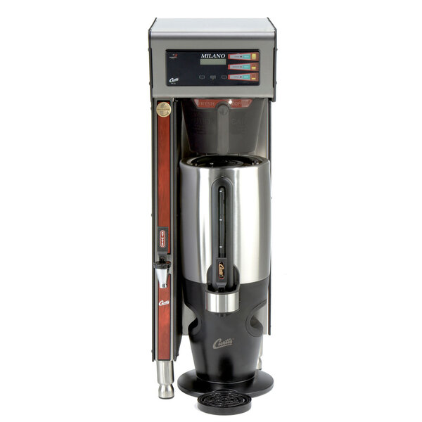 A Curtis Milano commercial coffee maker with a stainless steel and black base.