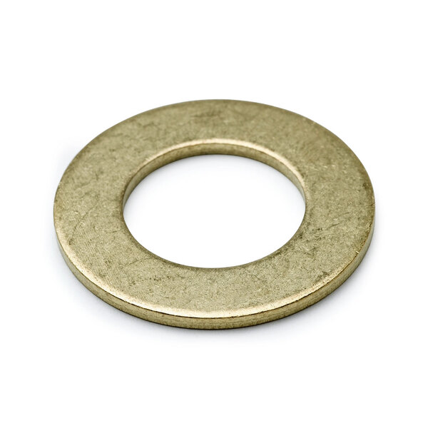 A close-up of a brass washer with a circular hole in the middle.