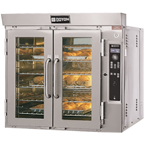 A Doyon Jet Air bakery convection oven with two trays of food inside.