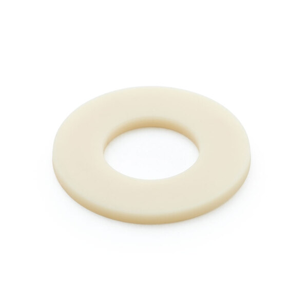 A white rubber spindle washer with a hole in the center.