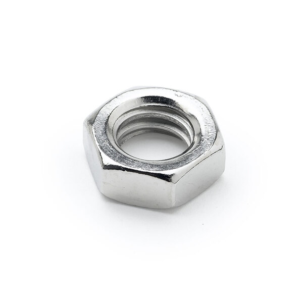 A close-up of a T&S stainless steel nut.