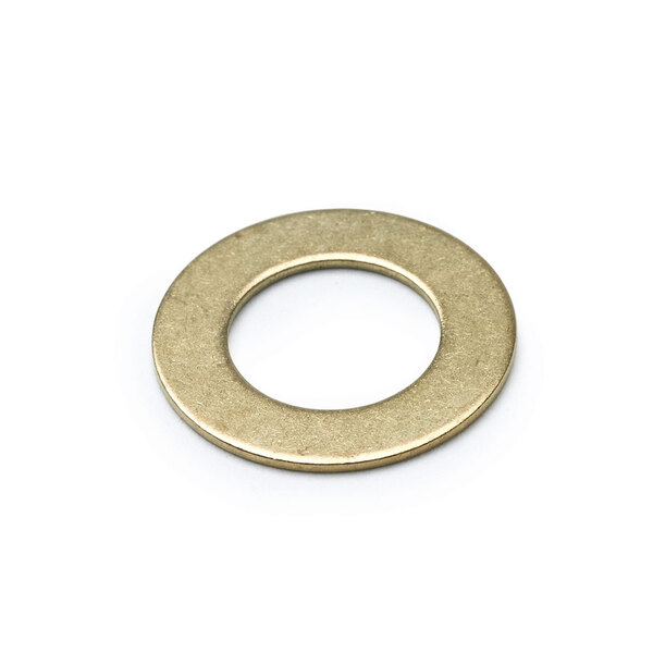 A brass washer with a white background.