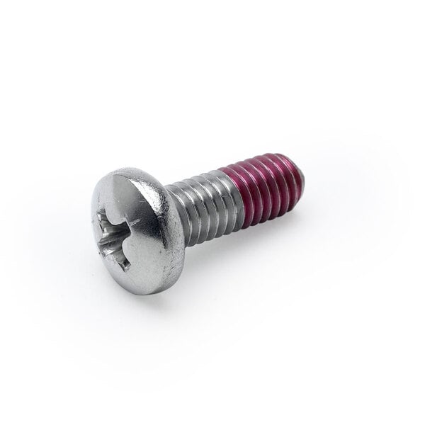A T&S faucet handle screw with a red screw head.