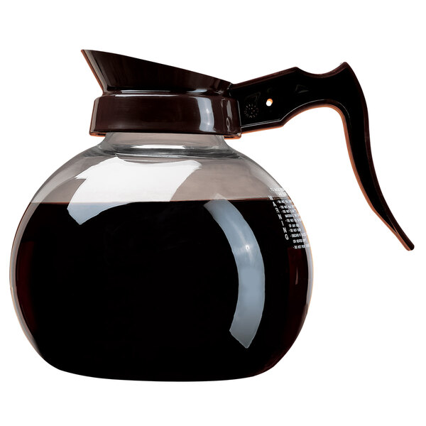 A Curtis glass coffee decanter with a brown handle.