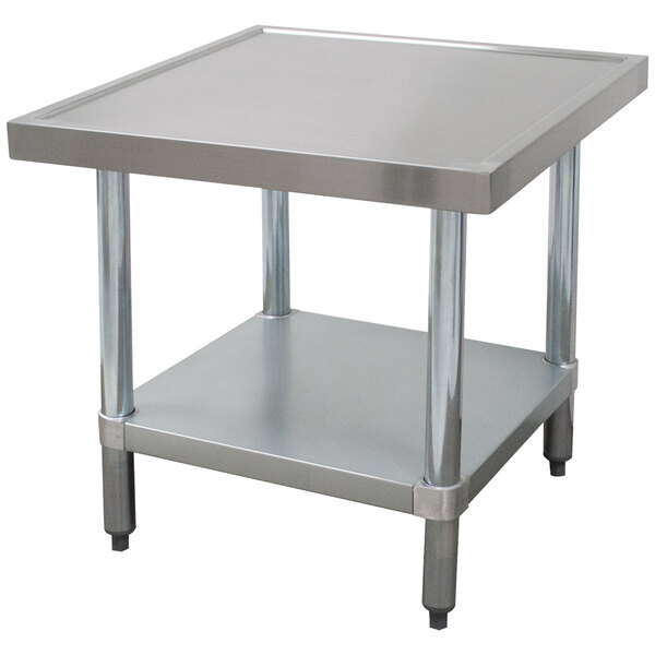 A stainless steel Advance Tabco mixer table with a galvanized undershelf.