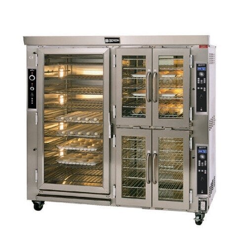 A Doyon two section oven proofer with trays of food inside.