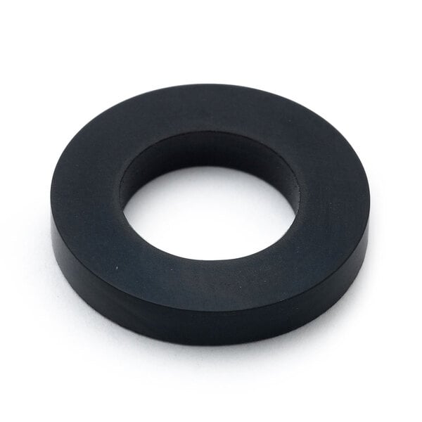 A close up of a black round rubber washer with a hole in the center.