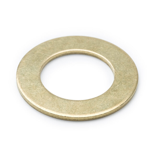 A circular brass washer with a white background.