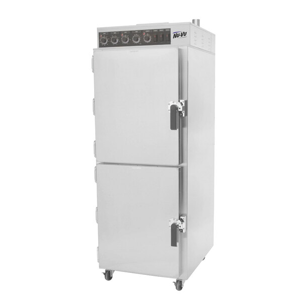 A white NU-VU smoker oven with two doors and two drawers.