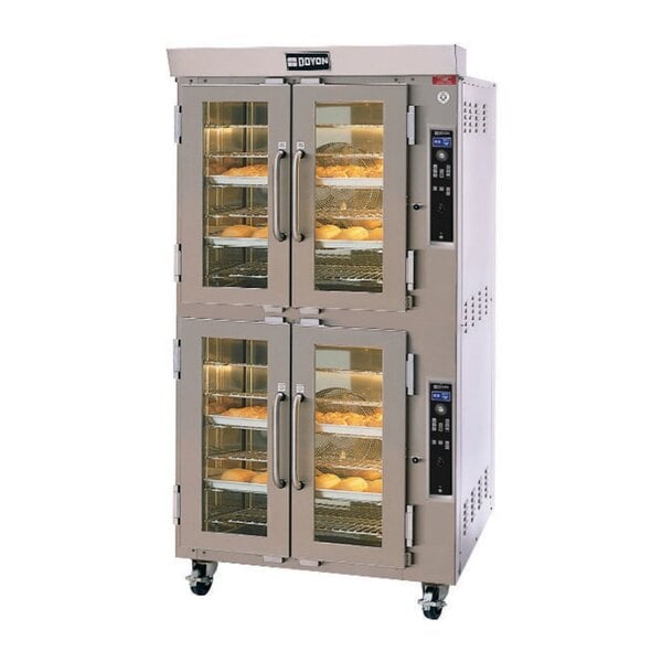 A Doyon double deck bakery convection oven with food on two racks.