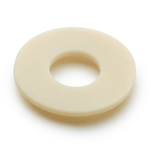 A white rubber washer with a hole in it.