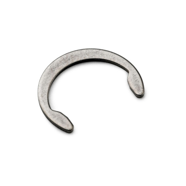 A close-up of a silver metal T&S snap ring with a small hole.