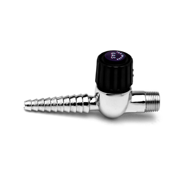 A silver metal T&S faucet set screw with a black knob.