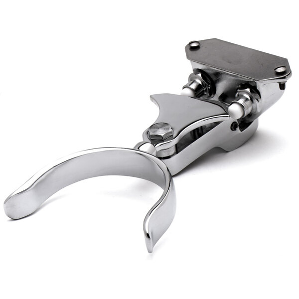 A silver metal T&S faucet mounting nut with screws.