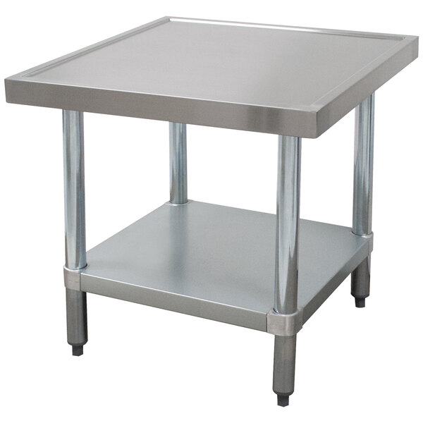 An Advance Tabco stainless steel mixer table with a galvanized shelf underneath.